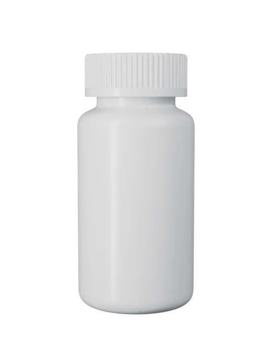 Frasco pastillero sin etiquetar, del tipo que se llena y cierra en la planta.